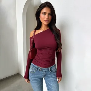 Women’s Off-Shoulder Diagonal Neck Long Sleeve Sweater Top
