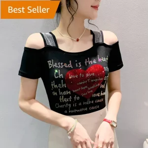 Women’s Off Shoulder Short Sleeve Heart Print Rhinestone Shiny Sequined Clothes Tops Nightclub Shirts Party T-shirt