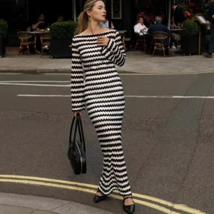 Women’s Off Shoulder Split Skirt Slim Fit European American Style Striped Long Sleeved Knitted Autumn