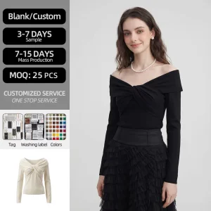 Women’s Off Shoulder Woven Solid Knit Top with Button Detail Twisted Knot Front Long Sleeve Ribbed Blouse