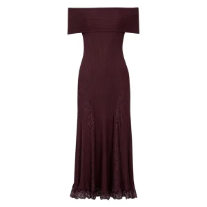 Women’s Off the Shoulder Knitted Slimming Midi Dress Lace Patchwork Elegant Daily Commute Dresses