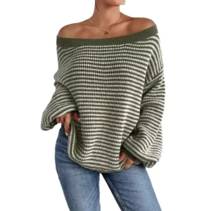 Women’s Off the Shoulder Ribbed Sweater Striped Lantern Sleeve Pullover Loose Fit Casual Knit Top for Fall & Winter