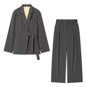 Women’s Office Lady Casual Suit and Pants Set Button Front Black and White Stripes Summer