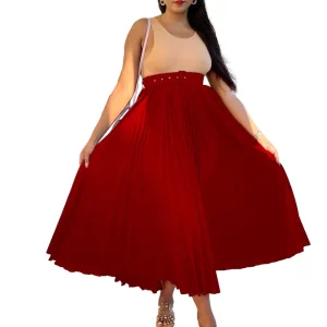 Women’s Office Lady High waisted Plus size Ankle Length Pleated Chiffon Skirt with Belt A line Eco Friendly