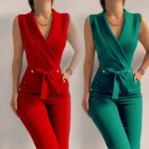 Women’s Office Workwear Ins Business Style Solid V Neck Ladies Strappy Sleeveless Romsuit Women Jumpsuits