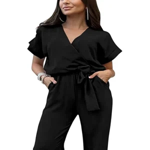 Women’s One Piece Jumpsuit Solid Above Knee Casual Summer Short Sleeve Wrap V Neck Wide Leg Romper