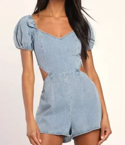 Women’s One Piece Solid Beauty Light Wash Denim Jumpsuit Ladies Open Back Casual Puff Sleeve Jean Romper