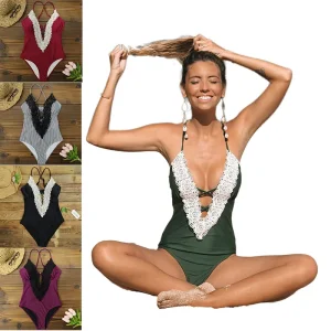 Women’s One Piece Swimsuit Lace Insert Swimwear One Piece Sexy Bikini Swimwear Deep V Cross Strap Retro Basic Customized DS