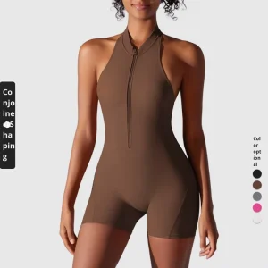 Women’s One-Piece Yoga Suit V-Neck Sleeveless Plus Size Spandex Nylon Shorts Zipper Closure Butt-Lifting Slimming