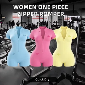 Women’s One Piece Zipper Romper Custom Logo Gym Workout Bodysuit Knitted Jumpsuit Skinny Solid Basics Playsuit for Sports