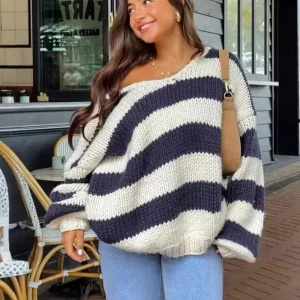 Women’s One Shoulder Chunky Knit Sweater Asymmetrical Neckline Stripe Pullover Oversized Loose Fit Fall Winter Top