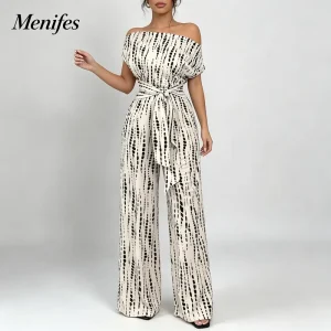 Women’s One Shoulder Dot Stripe Print Self Tie Waist Wide Leg Jumpsuit Casual Loose Long Romper