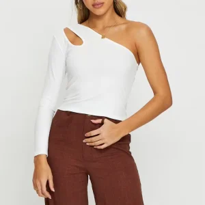 Women’s One-Shoulder Long-Sleeve Ribbed Cutout Blouse, 100% Cotton, Skinny Fit