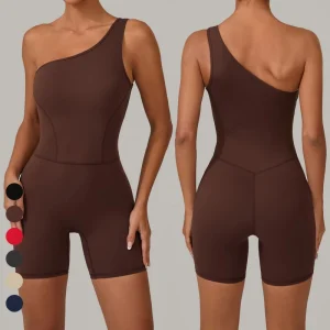 Women’s One Shoulder Off Sleeveless Yoga Shorts Jumpsuit Butt Lifting Workout Romper One Piece Sports Outfits