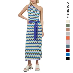 Women’s One-Shoulder One-Neck Knit Dress Casual Slim Sleeveless Casual Beach Mixi Sweater Dress With Belt