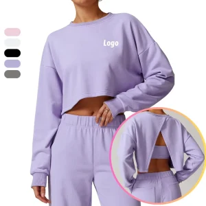 Women’s Open-Back Crop Sweatshirt Stylish Athletic Top Loose Fit Back Cut-Out Cropped Gym Sweatshirt Sporty Pullover
