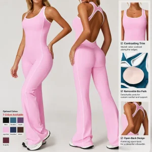 Women’s Open Back Flared Yoga Jumpsuit Custom Logo Contrast Trim One Piece Padded Workout Gym Bodysuit Activewear
