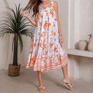 Women’s Orange Printed Midi Dress Sleeveless Loose Fit Casual Vacation Style Skirt Viscose Breathable Factory Supply S-2XL