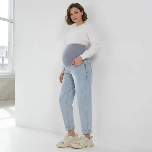 Women’s Over belly High Waist Stretch Boyfriend Maternity Jeans Breathable Denim Loose Casual Design With Pockets Sizes S XXL
