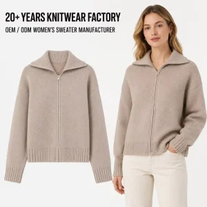 Women’s Oversize Solid Color Cardigan Long Sleeve Winter Knitwear Coat With Turn Collar And Zipper Casual Style