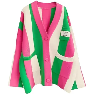 Women’s Oversized Cardigan Long Sleeve Color Block Chunky Cable Knitted Sweater Korean Style Breathable Front for Winter