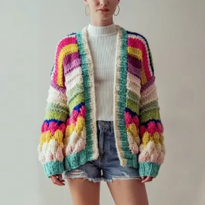 Women’s Oversized Chunky Knit Sweater Cardigan Rainbow Stripe Handmade