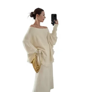 Women’s Oversized Frayed Hem Knit Two Piece Set Long Sleeve Sweater Top + Wide Leg Pants Casual Loungewear Fall Winter