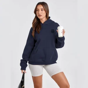 Women’s Oversized Hooded Pullover Hoodies Sweatshirts Navy Acid Wash 100% Cotton Breathable Workout Athletic Fitness Running