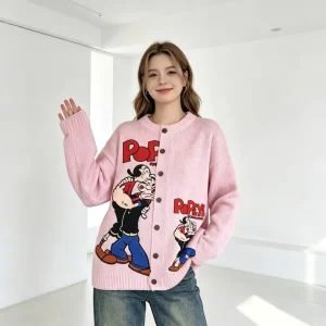 Women’s Oversized Knit Cardigan Pink Cartoon Print Button Front Long Sleeve All Season Casual Streetwear Daily Outerwear