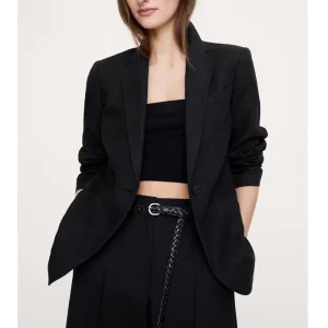Women’s Oversized Linen Black Blazer Jacket Single Breasted Casual Office Wear Pockets