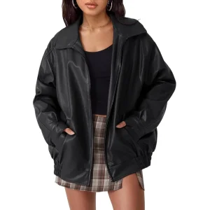 Women’s Oversized Motorcycle Biker Coat Faux Leather Windproof Jacket Plus Size
