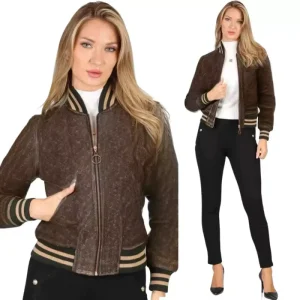 Women’s PU Fashion Loose Zipper Casual Temperament Jacket with 3D Pattern Short Sleeve and Turn down Collar
