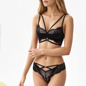Women’s Padded 3/4 Cup Bra High Cut Lace Panties 2-pcs Set Soft Underwire Support Sexy Intimates Underwear