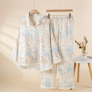 Women’s Pajamas 100% Cotton Bohemian Style Loungewear Long Sleeve Top and Long Pants Set