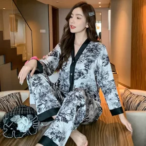 Women’s Pajamas Long Sleeve Cardigan Set Printed Nightgown Elastic Waist Breathable Sleepwear