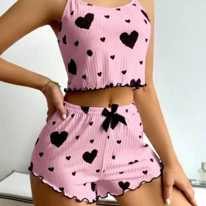 Womens Pajamas Set Knitted Sweet European American Style Ribbed Heart Print Spring Elastic Waist