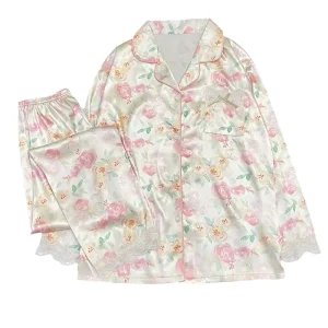 Women’s Pajamas Sweet Fashion Floral Simulation Silk Senior Sense of Lace Splicing Loose Plus Size Loungewear Suit
