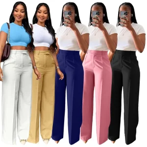Women’s Pants High Waist Straight Wide Leg for Casual & Office Wear