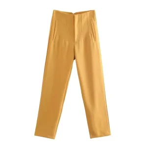 Women’s Pants Slim Fit Casual Solid Color Pleated with Elastic Waist Formal Straight Leg OEM Available