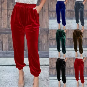 Women’s Pants Solid Color Elastic Waist Straight Casual Trousers for Women