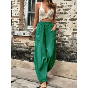 Women’s Pants Solid Color Pocket Women’s Casual Pants Elastic Pants