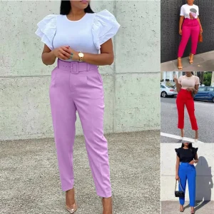 Women’s Pants Trousers Elegant Career Suit Office Pants for Ladies High Waist Casual Pants with Belt