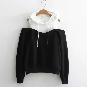 Women’s Patchwork Hoodie Sexy Cold Shoulder Long Sleeve Sweatshirt Hooded Pullover Crop Hoodie Tops Jumper Sweatshirts