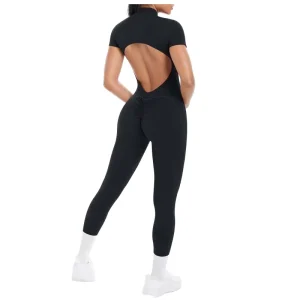 Women’s Peach Butt Sports Jumpsuit Quick Dry Yoga Bodysuit Hollow Back Seamless Design Spandex Nylon Short Sleeve Half Zip