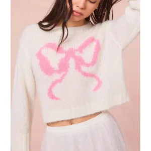 Women’s Pink Bow Knitted Pullover Soft Touch Cashmere Blend Sweater