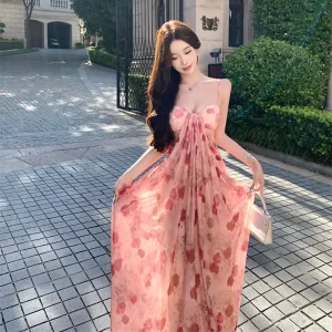 Women’s Pink Floral Print Chiffon Maxi Dress Spaghetti Strap Ruched Bodice Flowy Long Dress for Beach Vacation