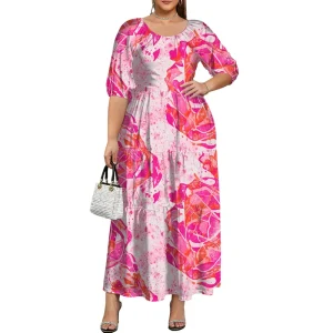 Women’s Pink Floral Print O Neck Casual Slim Fit Breathable Lightweight Polyester Maxi Dress with Short Sleeves for Summer