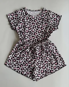 Women’s Pink Leopard Print Short Sleeve Romper Pajamas Casual Ruffle Trim Loungewear with Drawstring Waist