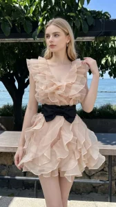 Women’s Pink Pleated Dress Deep V Neck Sleeveless Black Belt