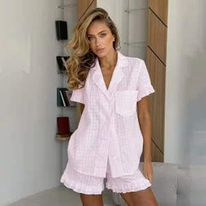 Women’s Pink Ruffled Loungewear Pajama Set Two Piece Thermal Breathable Quick Dry Polyester Cotton All Season Plus Size Options